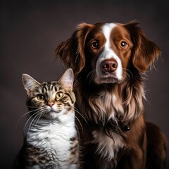 Cute dog and cat together. Studio portrait on dark background.
