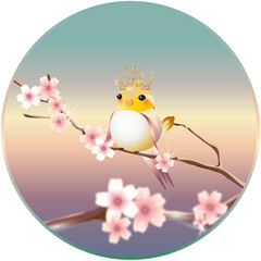 Kawaii Kanarienvogel mit Krone auf Kirschblüten Ast
 