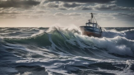 Fishing boat in stormy sea at sunset. Panoramic image