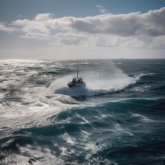 Fototapeta premium Fishing boat in stormy sea. Toned image. Selective focus.