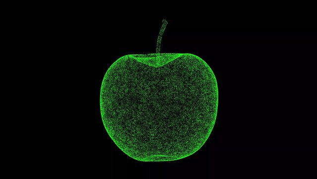 3D apple rotates on black bg. Object dissolved flickering particles. Organic food concept. For title, text, presentation. 3d animation.