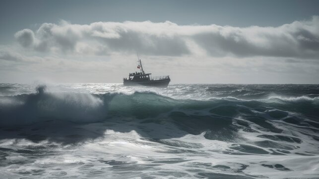 Fishing boat in the stormy sea. Toned image.