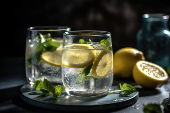 Close up of two nicely decorated cocktail glasses filled with homemade lemonade or gin tonic, decorated with lemon and mint leafs