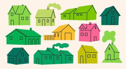 Set of various small tiny Houses. Paper cut cartoon minimal style. Flat design. Hand drawn Vector illustration. Isolated design elements. Building, sweet home, real estate concept