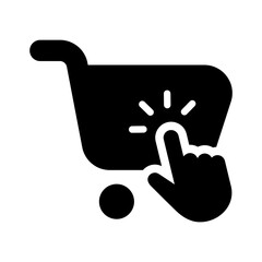 Shopping cart in flat style icon. Internet shop buy symbol. Web store shopping cart with hand click simple black style sign for apps and website, vector illustration.