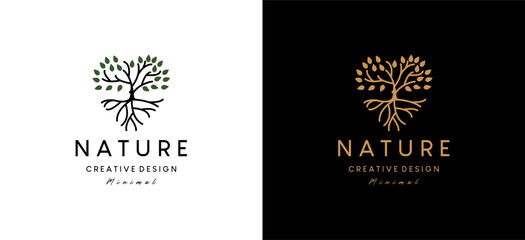 Minimalist nature love root tree logo design vector illustration