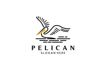 Pelican flying over water logo design vector illustration in creative line art style