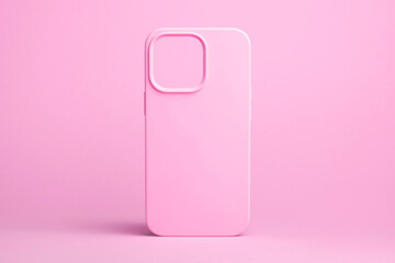 pink case for iPhone 14 and 13 Pro max isolated on pink background, phone cover mock up in monochrome colours