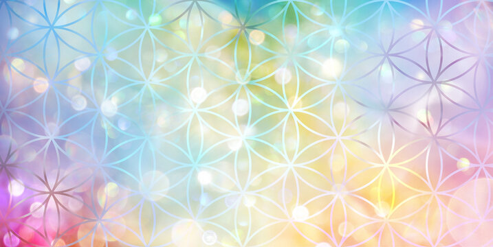Abstrakter Hintergrund mit nahtlosem Muster der Blume des Lebens auf einem leuchtenden Feld regenbogenfarbener Lichter