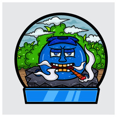 Cartoon Mascot of Blueberry Character Do Smoking In Jungle. Blank Sign and Circle Logo.