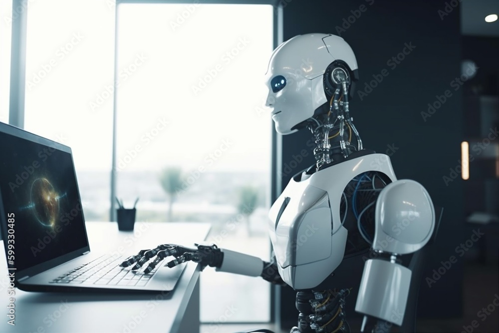 Aufkleber digital office robot technology artificial hand laptop paper ai document. generative ai.