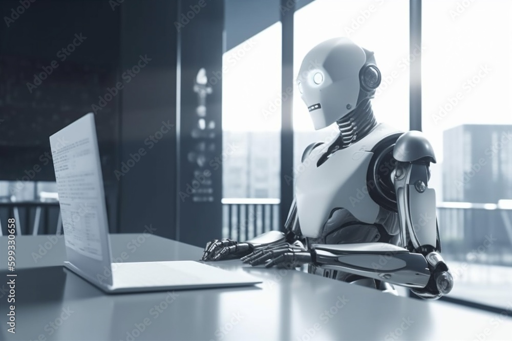 Poster hand ai office paper technology digital robot document artificial laptop. generative ai.