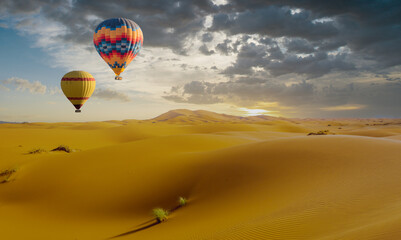 Desert and hot air balloon Landscape at Sunrise. Travel, inspiration, success, dream, flight concept