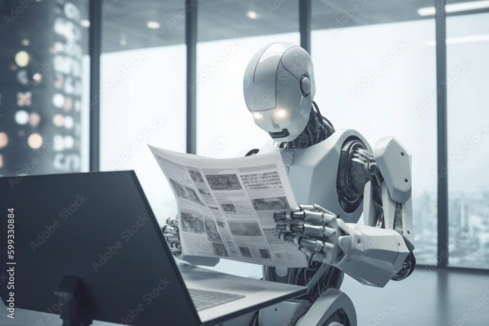 Aufkleber digital hand laptop artificial office paper document robot ai technology. generative ai.