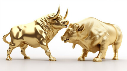 Fototapeta premium Golden bull and bear isolated on white background Ai generated image