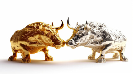 Golden bull and bear isolated on white background Ai generated image