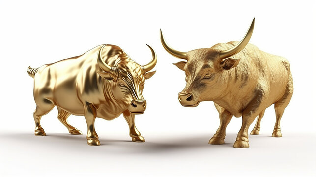 Golden bull and bear isolated on white background Ai generated image