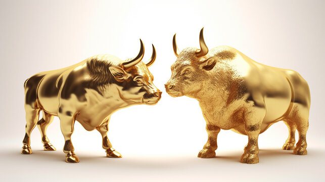 Golden bull and bear isolated on white background Ai generated image