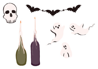 Halloween set - creepy ghosts, bat garland, candles and skull