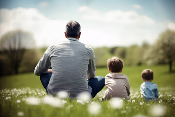 Fathers day. Parent and little children sitting on grass outdoors, rear view. Generative AI