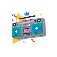 Retro boombox cassette player. Colorful trendy vector illustration on white background. Retro cassette recorder. Music player. 90s style Nineties technology. 1980s
