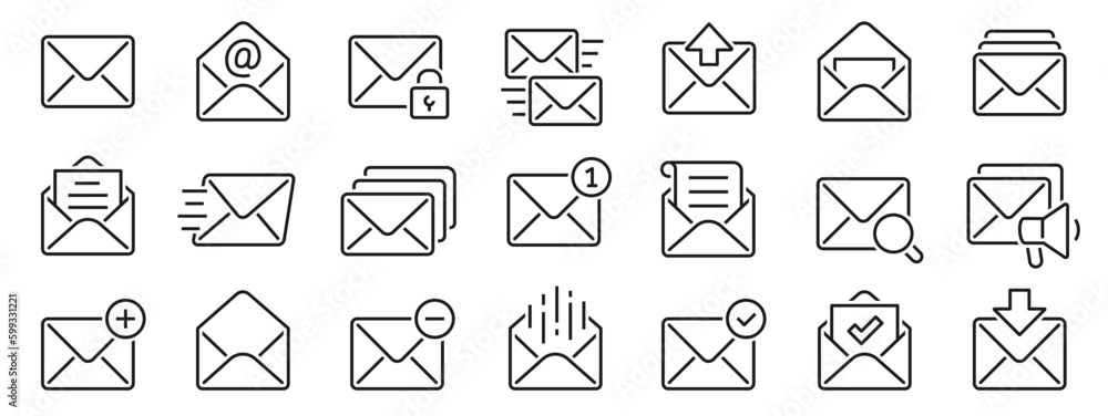 Poster mail icons set. email and sms message simple set. envelopes big collection line style. outline close