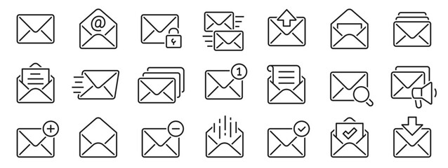 Mail icons set. Email and SMS message simple set. Envelopes big collection line style. Outline closed and open envelopes with letters - stock vector.
