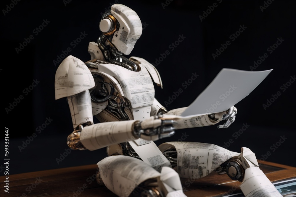 Poster hand robot technology laptop paper ai office document digital artificial. generative ai.
