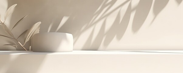 an Ivory-colored minimalist, soft shadows from plants, wide horizontal, product presentation,  interior background, Wall Art Mockup, 3D rendered, product presentation-themed, JPG. Generative AI