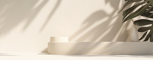 an Ivory-colored minimalist, soft shadows from plants, wide horizontal, product presentation,  interior background, Wall Art Mockup, 3D rendered, product presentation-themed, JPG. Generative AI