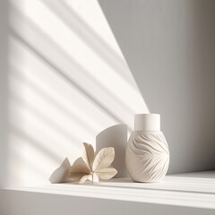 Fototapeta na wymiar an Ivory-colored minimalist interior with a sculpted wall, soft shadows from plants, wide horizontal, product presentation, Wall Art Mockup, 3D rendered, contemporary, JPG. generative AI