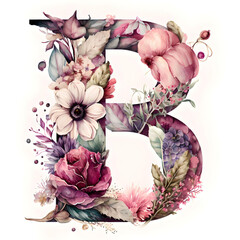 A watercolor letter "B" featuring intricate floral designs and delicate brushstrokes, capturing the essence of a flourishing garden in full bloom.