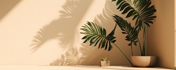 Biege-colored minimalist, soft shadows from plants, wide horizontal, product presentation,  interior background, Wall Art Mockup, 3D rendered,  product presentation-themed, JPG. Generative AI