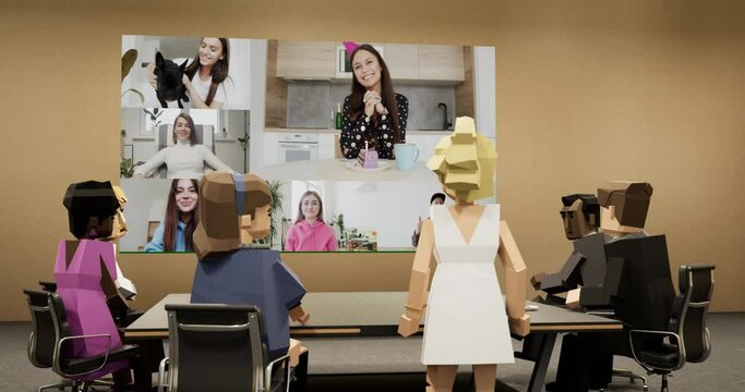 People Communicate In Metaverse. Office Workers Meet And Talk In A Virtual Meeting Room In VR Work Space With 3d Rendering Office. Human Avatars Celebrate An Employee's Birthday. Social Networking