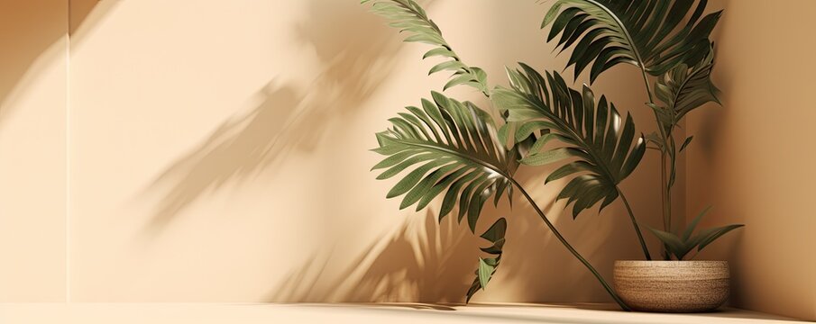 Biege-colored minimalist, soft shadows from plants, wide horizontal, product presentation,  interior background, Wall Art Mockup, 3D rendered,  product presentation-themed, JPG. Generative AI