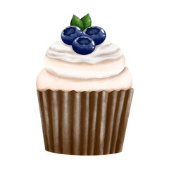 Hand drawn blueberry cupcake. Watercolor dessert illustration isolated on white background.