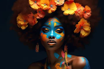 A young african woman with colorful makeup sits in a dark room, inspired by pop art and flower power with dark orange and light azure tones. Perfect for contemporary design. Generative AI © Gelpi