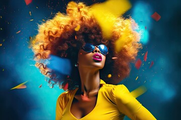 African American woman with voluminous afro hair in a pop art style with bold color contrasts of dark cyan and yellow. Perfect for graphic design projects. Generative AI - obrazy, fototapety, plakaty