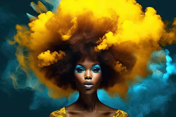 African American woman with voluminous afro hair in a pop art style with bold color contrasts of dark cyan and yellow. Perfect for graphic design projects. Generative AI © Gelpi