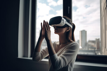 Office worker woman in vr helmet. Female using Virtual reality display in office tasks generative ai.