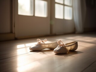 Pair of Ballet Shoes on Dance Studio Floor