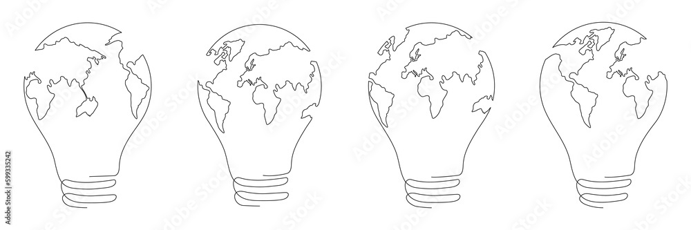 Wall mural lightbulb with earth map one continuous line drawing set. vector illustration isolated on white back - Wall murals