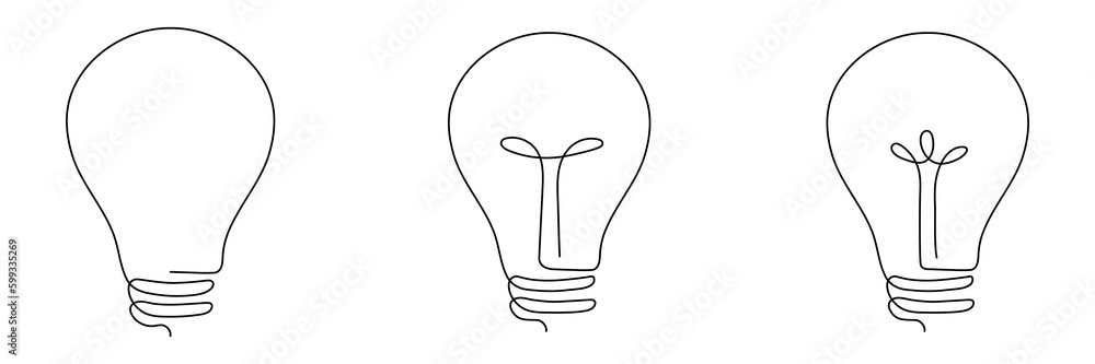 Poster light bulb one continuous line drawing set. electric lamp collection. brainstorm linear symbol group