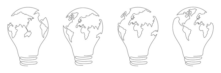 Lightbulb with Earth map one continuous line drawing set. Vector illustration isolated on white background.	