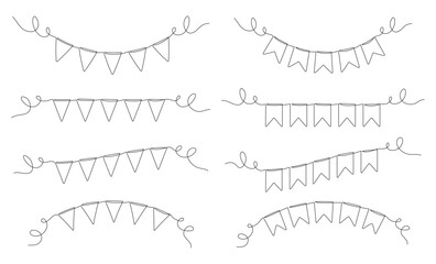 Continuous line art drawing buntings garland set. Celebration party hand drawn elements collection. Vector linear illustration isolated on white.