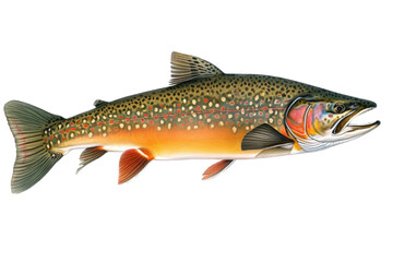 Fototapeta premium an isolated Brook Trout, river rocks, outdoor sport, fly fishing, lure fishing, fishing-themed, river stones, photorealistic illustration on a transparent background cutout in PNG. generative AI