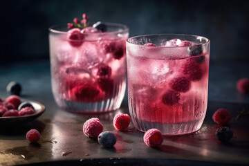 Close up of two nicely decorated cocktail glasses filled with a pink gin tonic beverage with frozen berries - obrazy, fototapety, plakaty