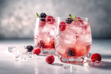 Close up of two nicely decorated cocktail glasses filled with a pink gin tonic beverage with frozen berries