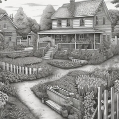 farmhouse in black and white - Generated by Artificial Intelligence