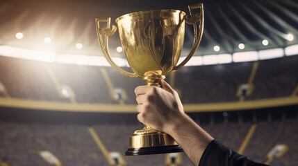 Man holding up a golden big trophy in the soccer stadium as a symbol for winning and leading. Generative AI.
